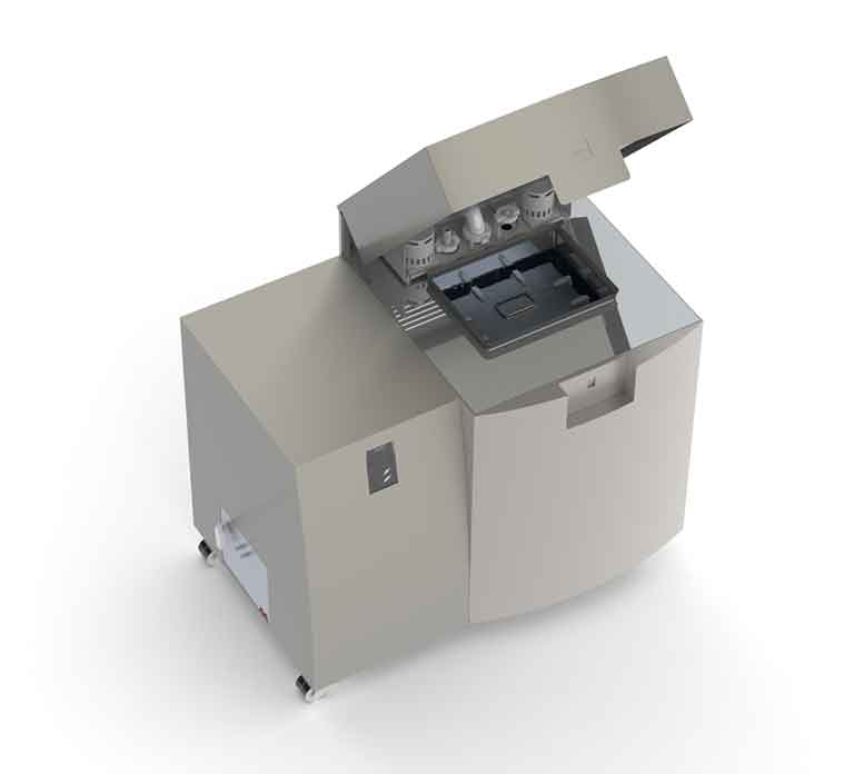 Illustration of a grey isothermal battery calorimeter, which looks similar to a copy machine.