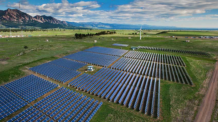 An aerial view of solar panels.