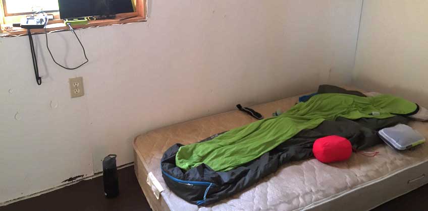 A room with a sleeping bag.