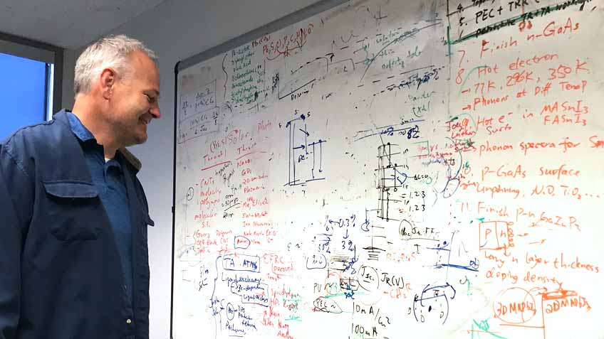 Photo of a man looking at a whiteboard covered in hand-written text and diagrams.