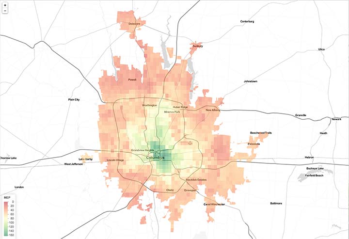 A map of the Columbus, Ohio metro area showing color-coded Mobility Energy Productivity scores, with scores increasing closer to the urban center.