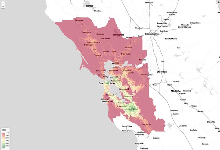 A map of the San Francisco, California metro area showing color-coded Mobility Energy Productivity scores, with scores increasing closer to the urban center.