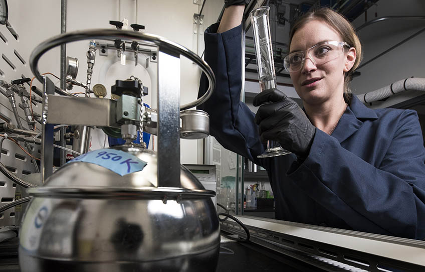 A woman works with test tubes in a laboratory.