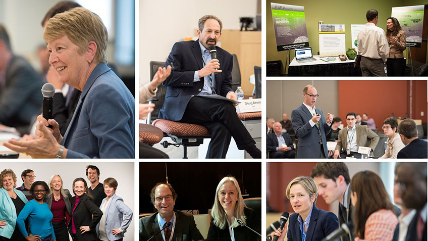 A collage of photos showing people attending and speaking at a conference event.