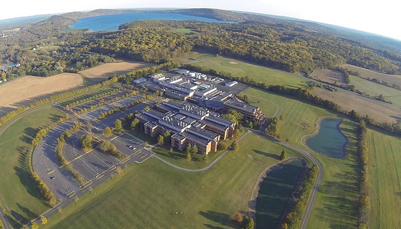 Aerial view shows large corporate campus in the middle of a wooded area.