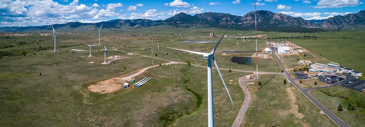 An aerial image of the NREL Flatirons Campus.