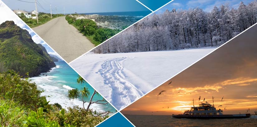 Tropical island shoreline, paved road by rocky beach, tracks in snow by forest, ferry boat at sunset