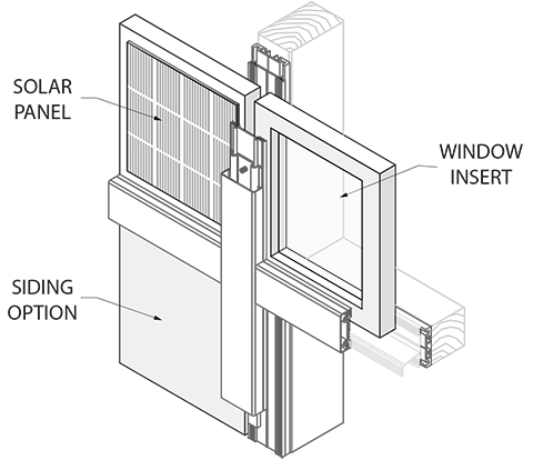 Diagram of a building panel with interchangeable slots for a solar panel, siding, and window