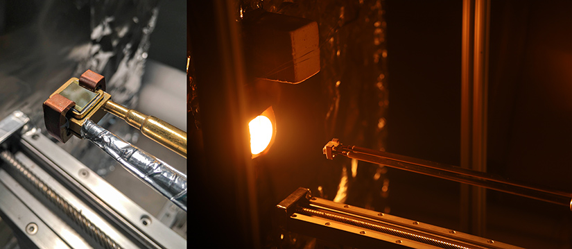 Two side-by-side photos, one on the left showing a thermophotovoltaic cell on a cold plate, and photo on the left shows a cold plate being inserted into a furnace for calibration