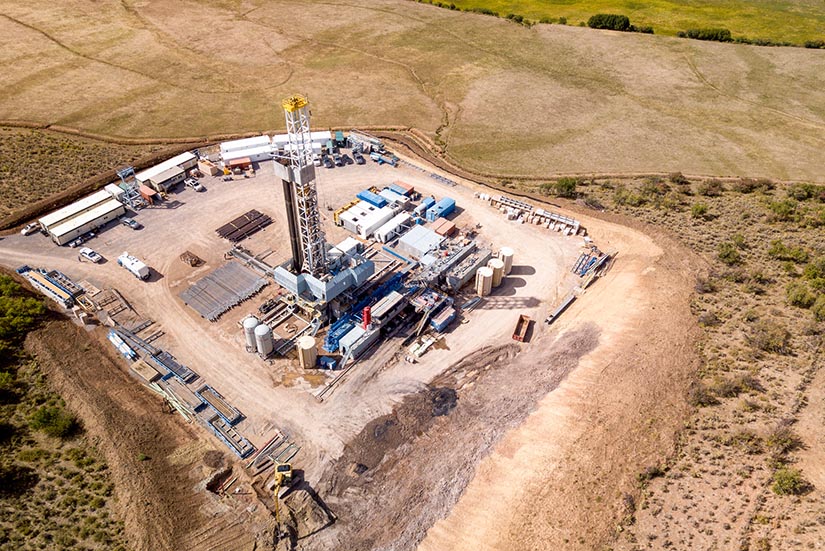 Aerial photo of an oil and gas well fracking site