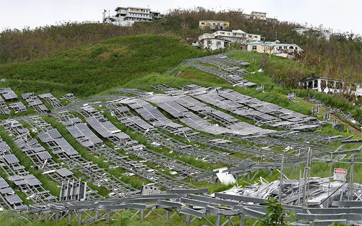 Broken solar PV panels in the U.S. Virgin Islands damaged by hurricanes in 2017.