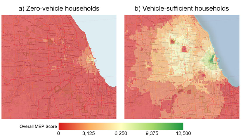 Two side-by-side maps of Chicago show MEP scores for zero-vehicle households (left) and vehicle-sufficient households (right), with higher MEP scores for the map on the right.