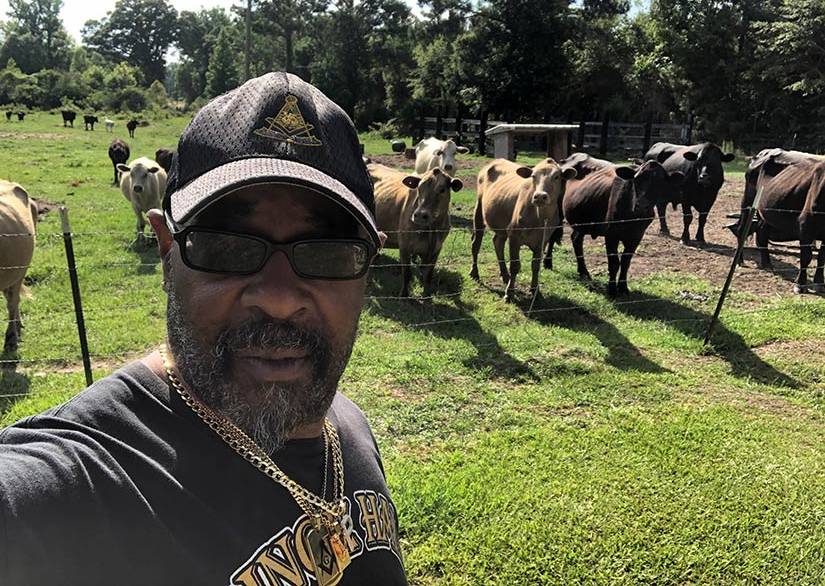 A man stands in front of about 20 cows in a pasture.