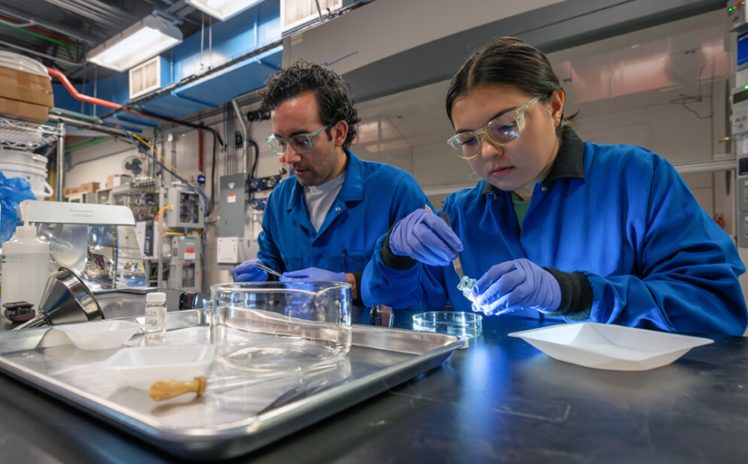 Two scientists wearing safety goggles work with Petri dishes in a lab.