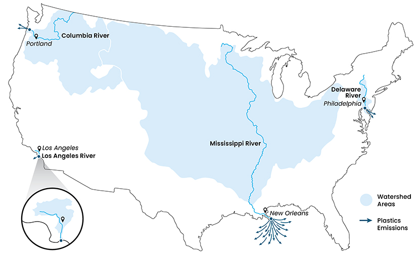 Map of U.S. Columbia, Los Angeles, Mississippi, Delaware rivers. 