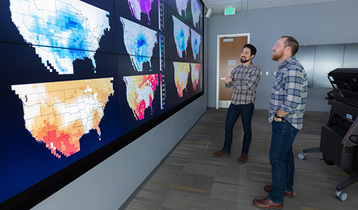 Two people looking at a board.