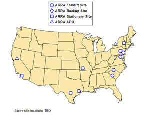 Photo of a map of the United States with symbols showing at least one NREL Early Fuel Cell Market project partner in California, Texas, Missouri, South Carolina, North Carolina, Maryland, New Jersey, Pennsylvania and New York. 