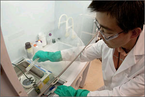 In a photo, the scientist is wearing thick green plastic gloves to protect himself from the acid mixture that etches holes into the silicon wafer.