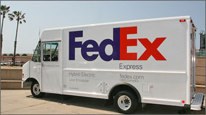 Photo of a FedEx hybrid electric delivery van.