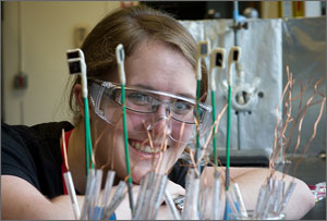 Photo of a woman in a lab looking through tubes with electrodes.