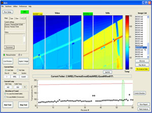 This is a screen shot of the data collected by Thermal Scout. At the top left is a video mostly in blue that shows the sky, the mirrors, and the thin receiver tube going through the center of the mirrors. At the top right is a still shot of the same scene, but with the mirrors in yellow and the tubes in orange. On the lower part of the screen is a chart with dots, each representing a receiver tube. Most of the dots are positioned between 50 and 100 degrees Fahrenheit, but a few are above 100 degrees, indicating they may need to be replaced.