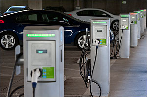 Photo of the electric car charging stations in the garage.