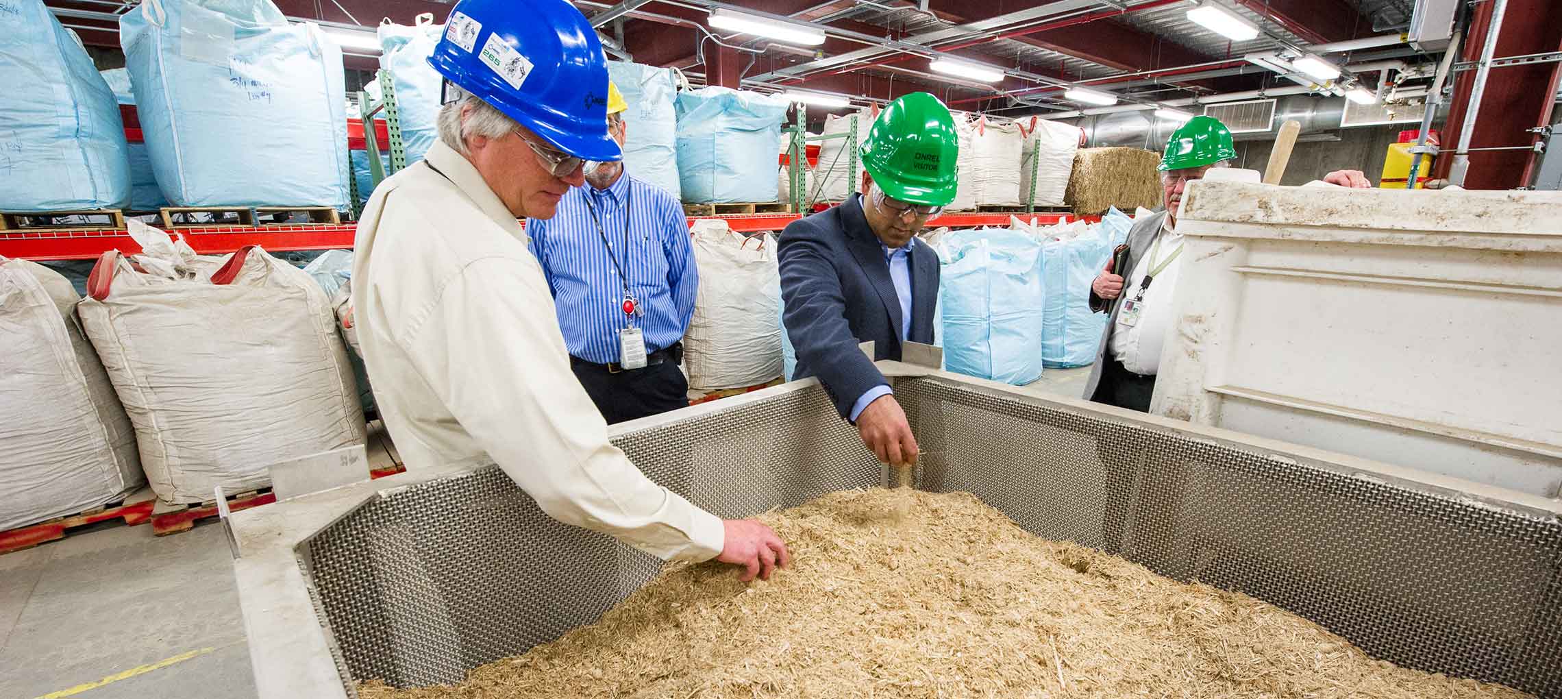 This photo shows two men in front of a bin the size of a golf cart. Both men are reaching into the bin to touch the biomass inside.