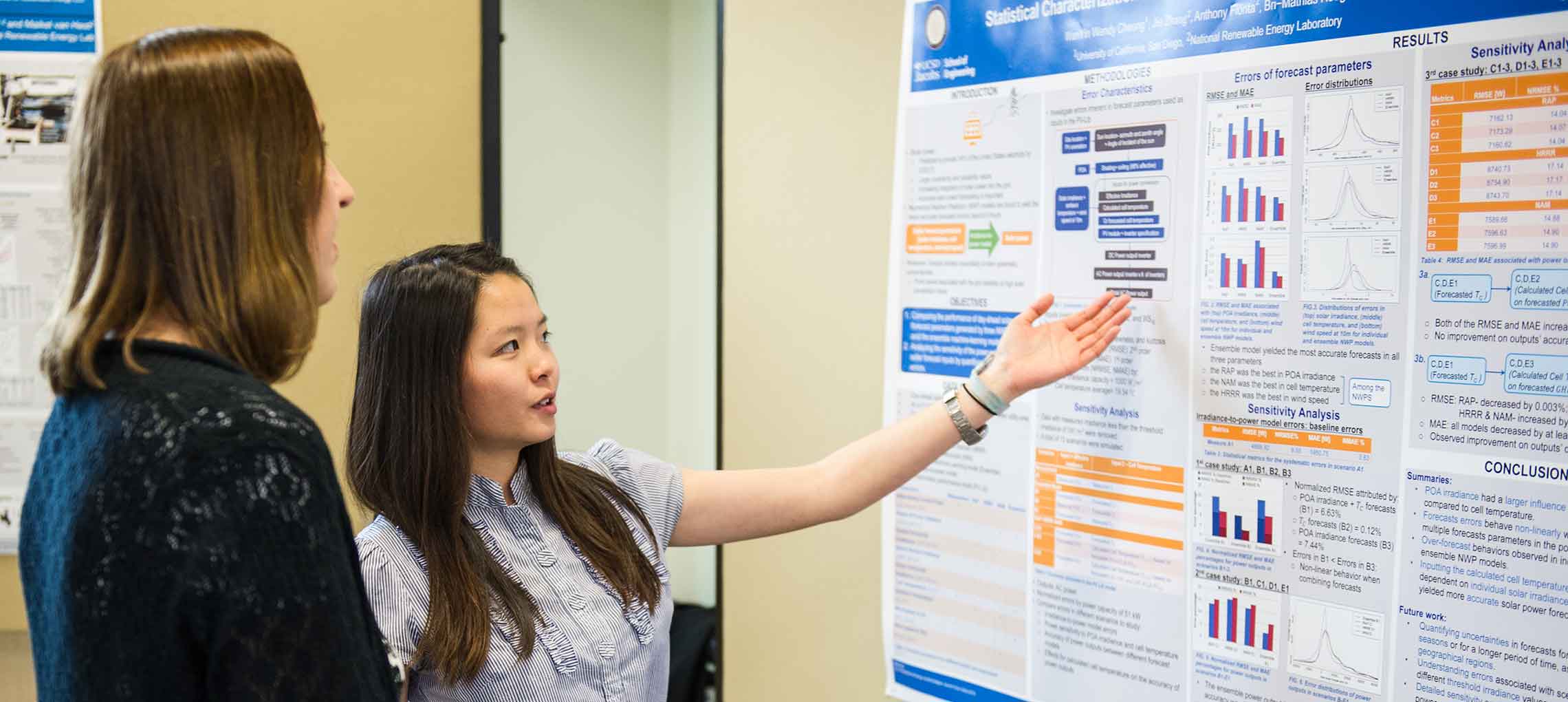 A young woman gestures to a poster while another woman looks on.