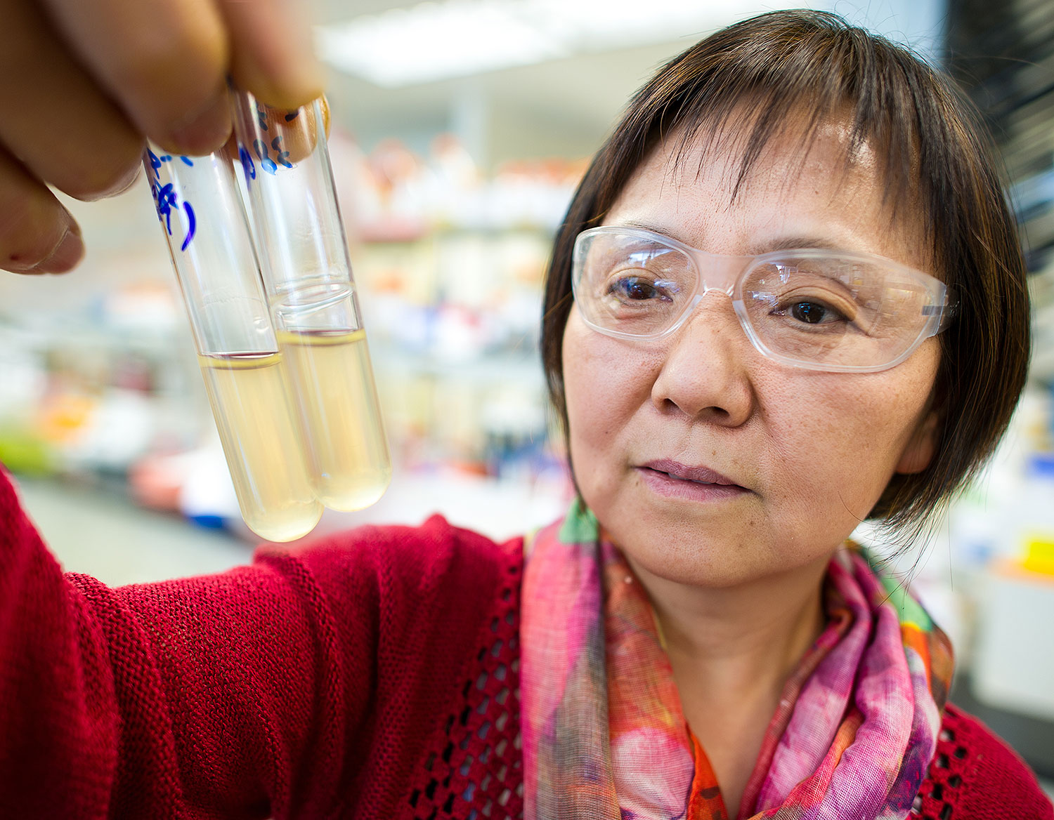 Photo of a woman in a lab looking at two vials.