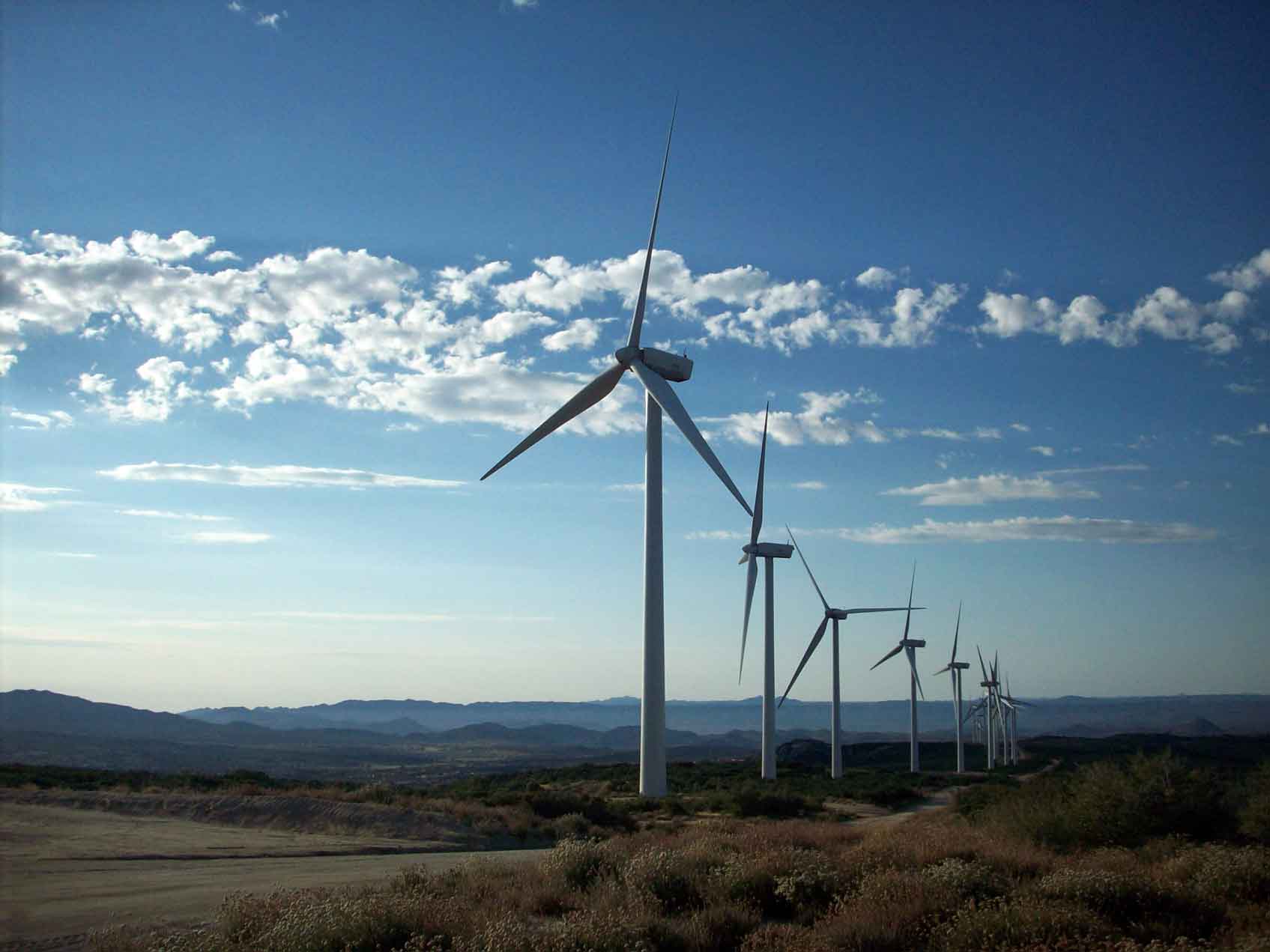 Photo of a group of wind turbines in an open area. 