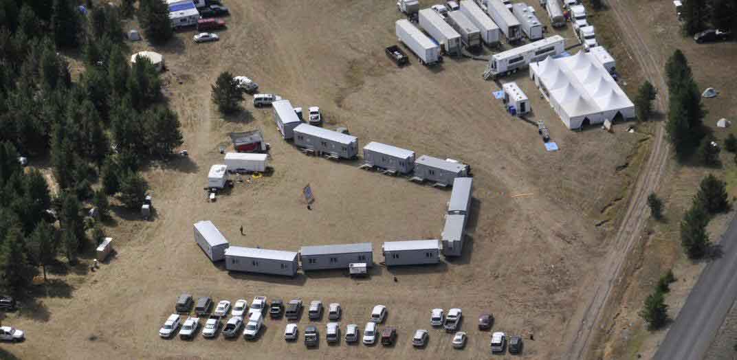 Aerial photo of a fire camp.