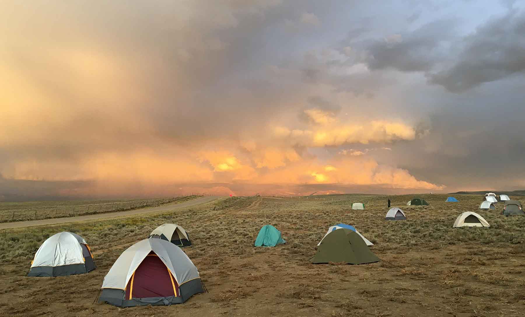 Photo of several tents pitched in an open field.