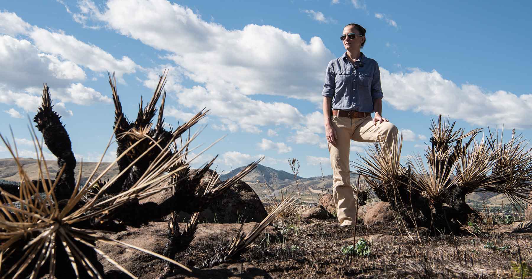 A woman stands amid charred vegetation.