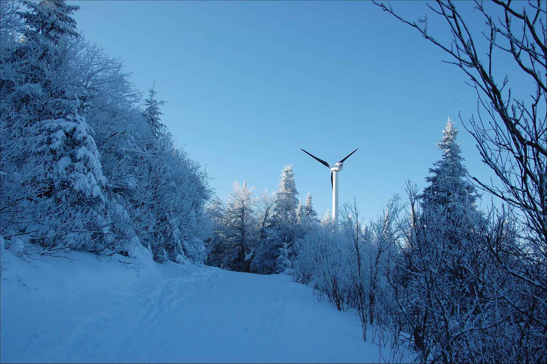 A distributed wind turbine on a snowy mountain.