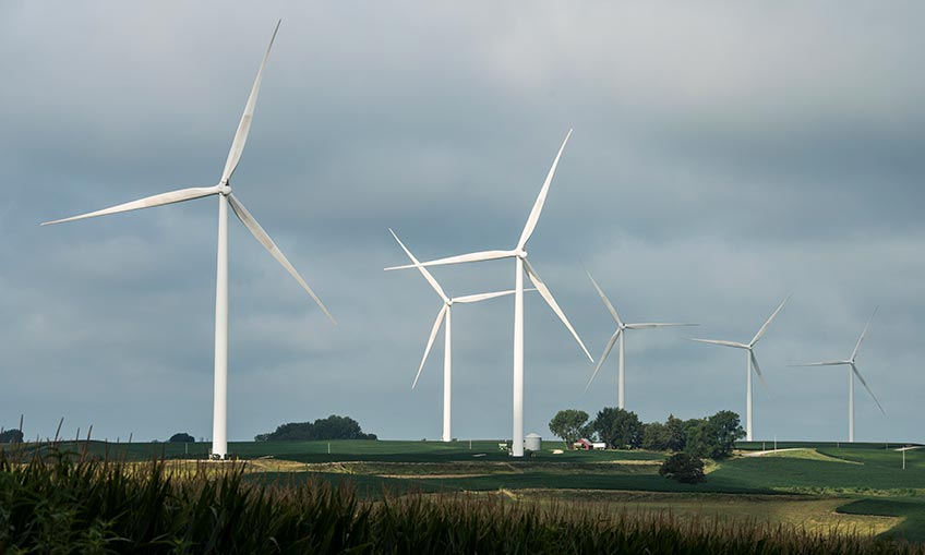 Wind turbines stretch to the horizon on this property in Iowa.