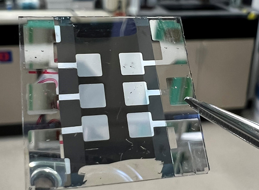 Photo shows the new perovskite solar cell.