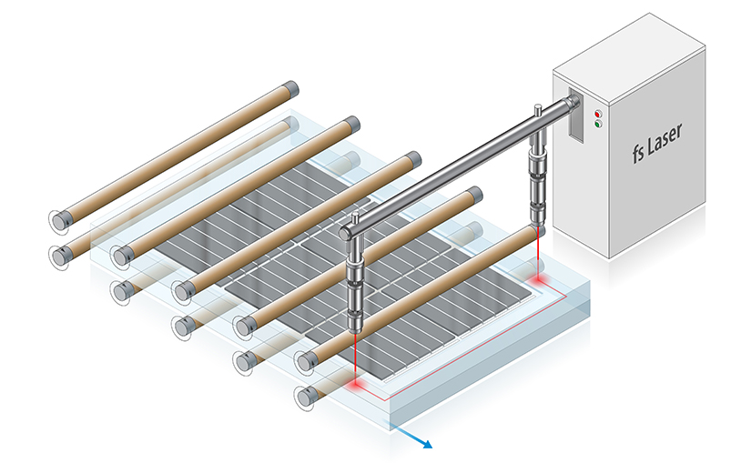 Graphic shows how a laser is used to weld the edges of the glass together.