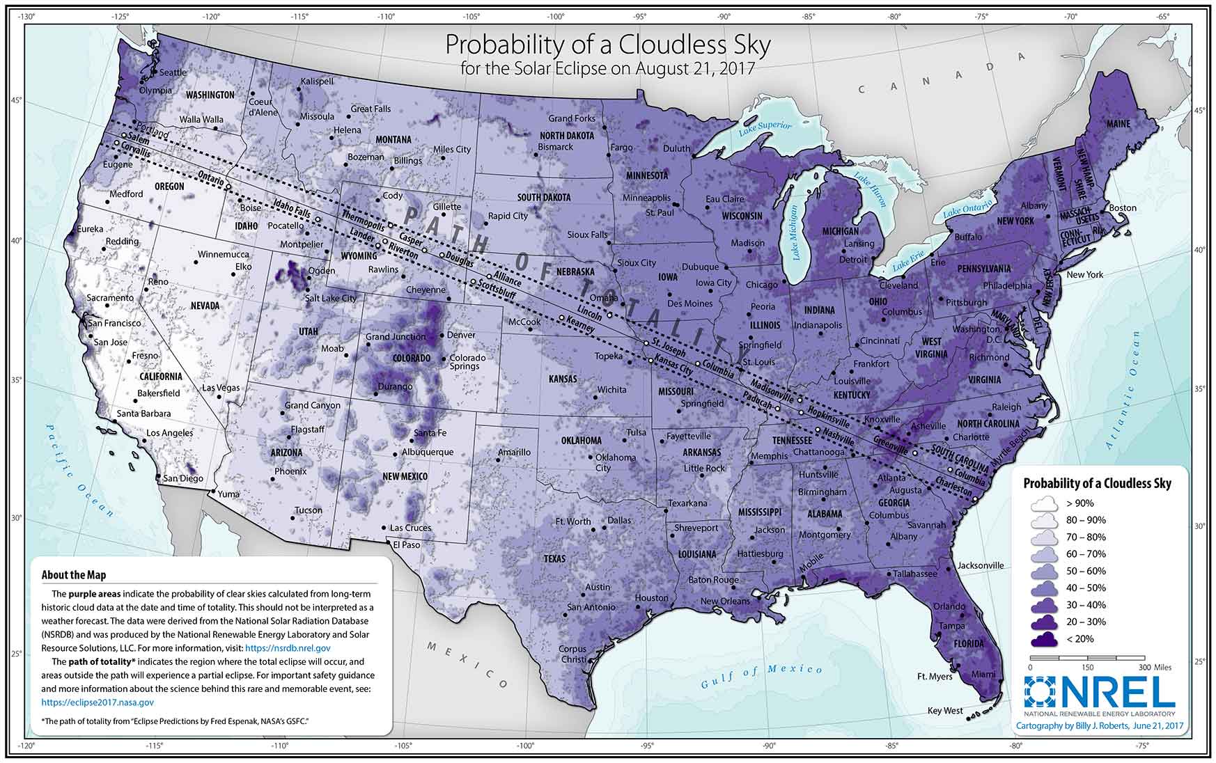 Image of the U.S. map showing the clear-sky probabilities along the upcoming solar eclipse path.