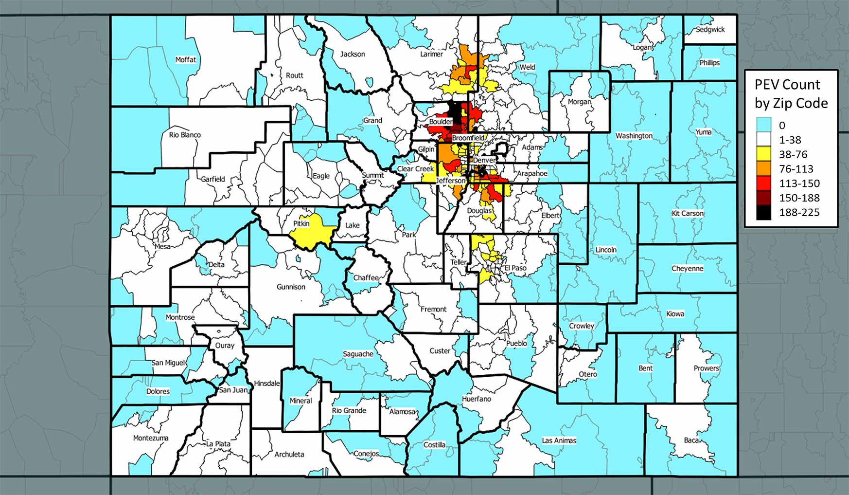 Image of Colorado map identifying approximate number electric vehicles per county, with the highest densities in Boulder County with 1,600; Denver County with 1,100; Jefferson County with 1,100;  Arapahoe County with 1,000; Douglas County with 800; Larimer County with 700, El Paso County with 700; Adams County with 500; Weld County with 300; and Broomfield County with 200.