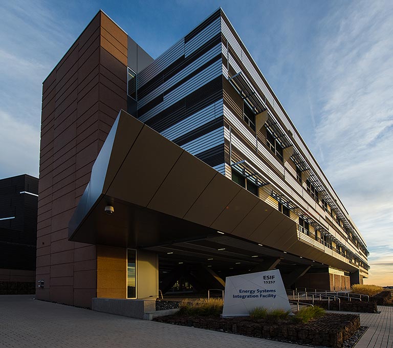 A photo of the outside of NREL's Energy Systems Integration Facility.