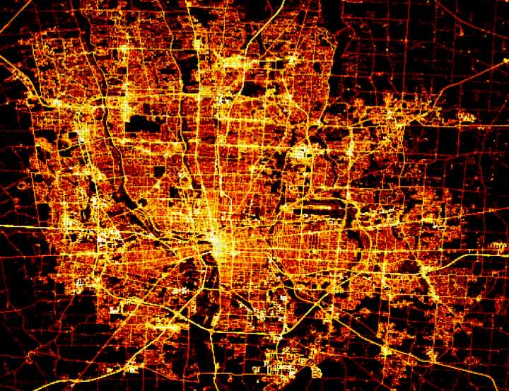 Heat map image depicting roadways with varying levels of use, with the roads traveled most frequently appearing brighter than the roads traveled less frequently. 