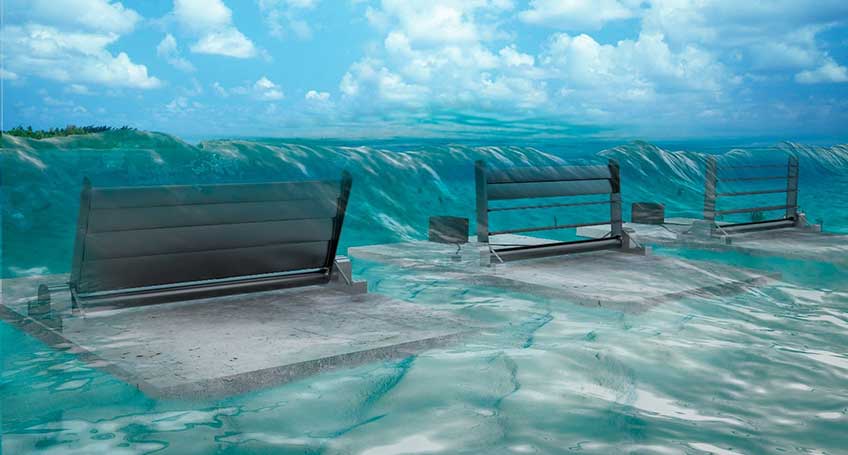 Three metal wave energy converters in open water with large slits that are partially open, much like window blinds.