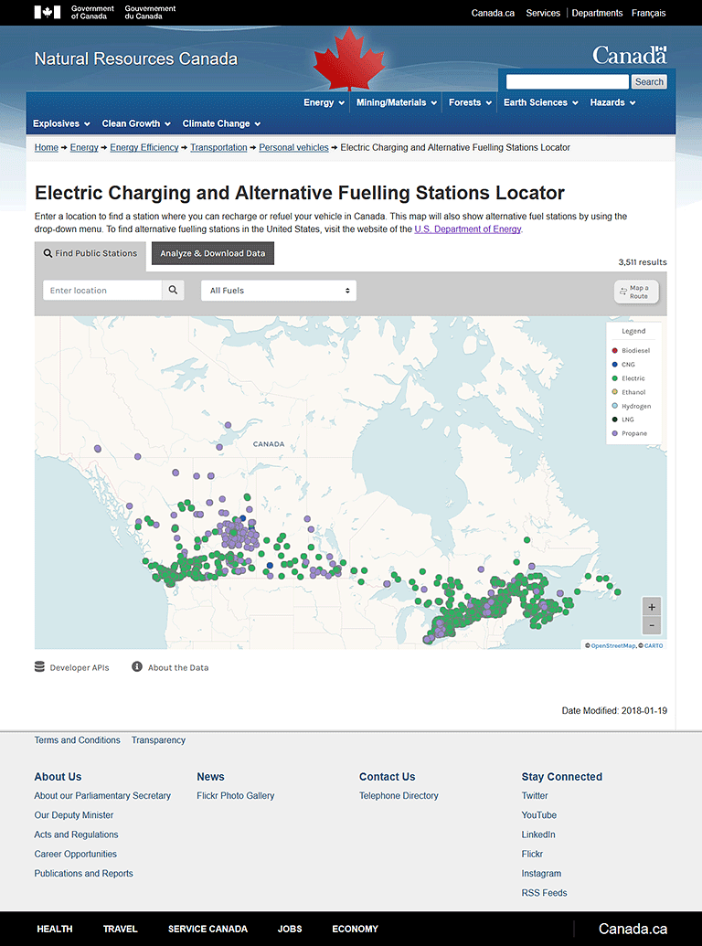 A screenshot of the map of Canada overlaid with multiple colored dots to represent alternative fueling station locations to drivers.