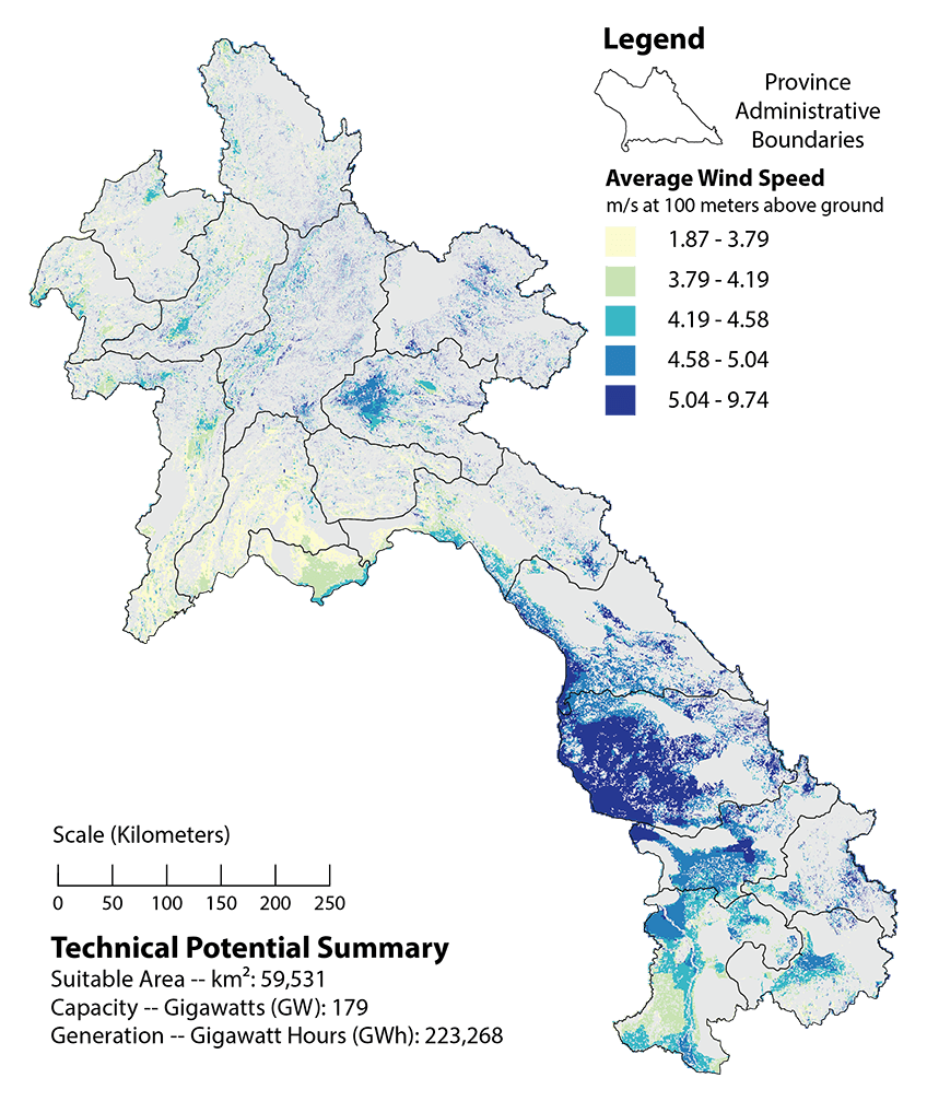 This map shows wind technical potential for suitable areas in the Lao PDR.