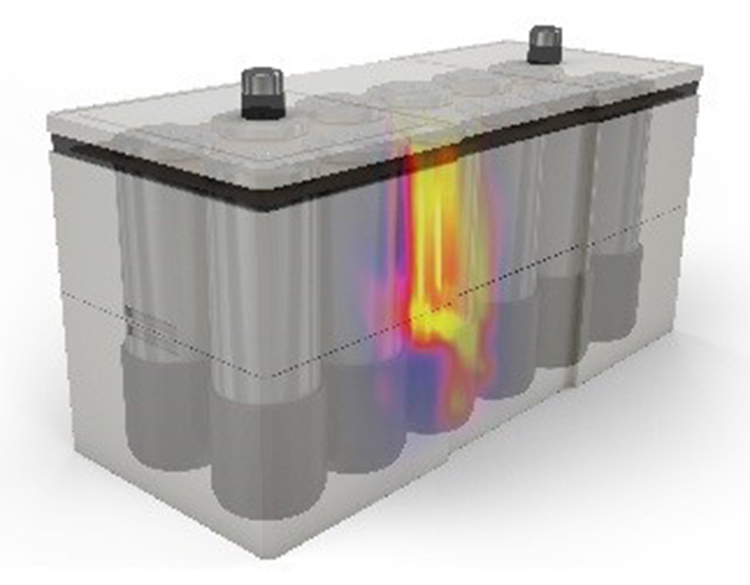 llustration of a battery cell pack with one cell overheating, causing fire.
