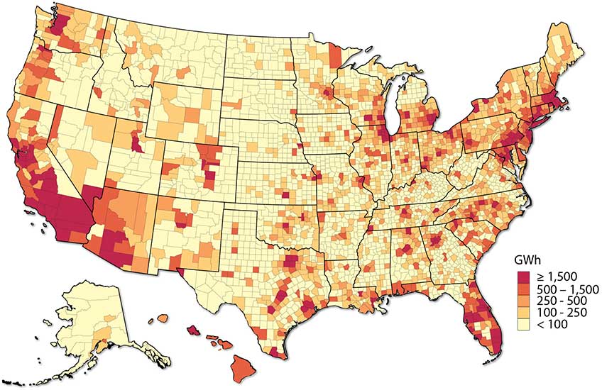 A map of the United States, divided by county, is color-coded by the total solar technical potential available on low-to-moderate income households in that county. Regions with large numbers of low-to-moderate income households, such as Southern California, southern Florida, the urban Northeast, and the greater Chicago region, show the greatest technical potential.