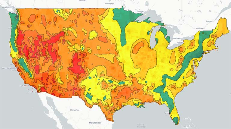 A map of the continental U.S. is overlaid with a colored map showing deep geothermal heat potential.