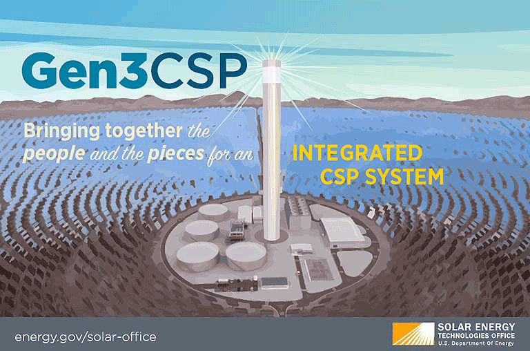 An illustration of a concentrating solar power plant displays the text 'Gen3CSP bringing together the people and the pieces for an integrated CSP system.'