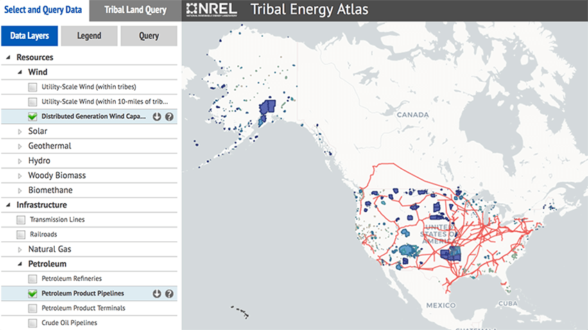Screenshot of the Tribal Energy Atlas geospatial tool, which highlights energy resources on tribal lands on a map of the United States