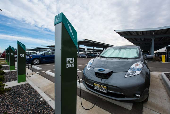 Electric vehicle parked outside and attached to an electric charging station.